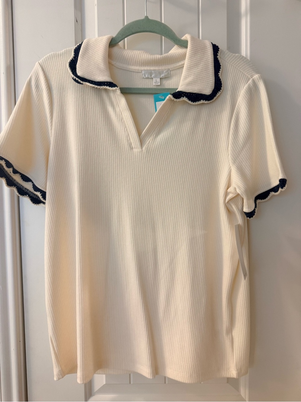Design History Cream Ribbed Polo Top with Navy Trim